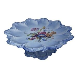 Vintage Floral Blue Pedestal Cake Stand Home Decor Fruit Display Centerpiece